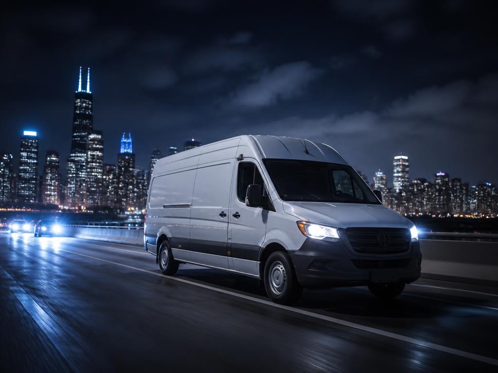 Black Ice Logistics cargo van on an Illinois highway at night